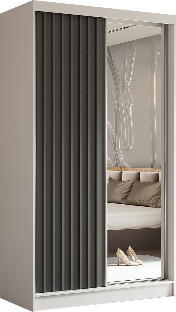 Masseno Schiebetürenschrank LAMELLO 120 cm Kleiderschrank Schlafzimmer Schrank 2-türig mit Spiegel und Lamellen Weiß