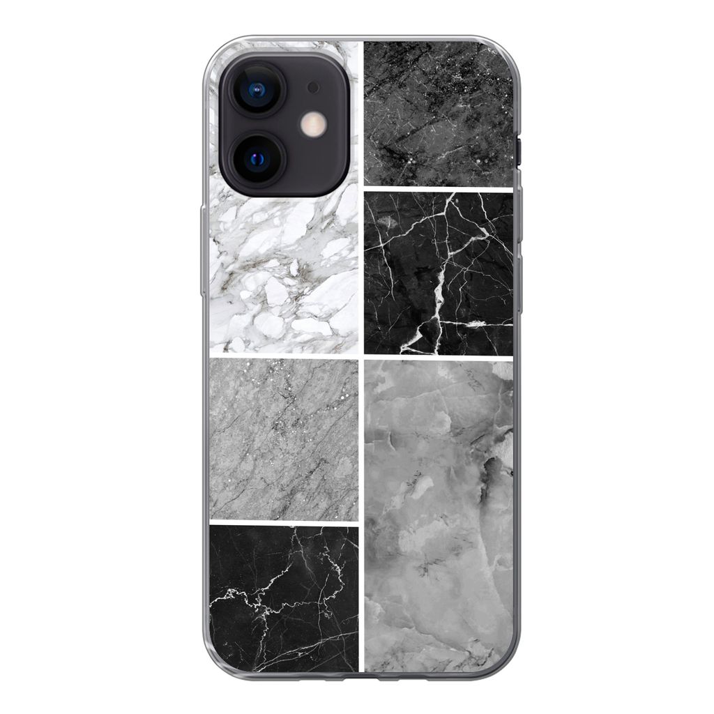 MuchoWow Handyhülle Schutzhülle Hülle für iPhone 12 Marmor - Schwarz - Weiß Silikon Softcase Handy Hülle - Schutzhülle