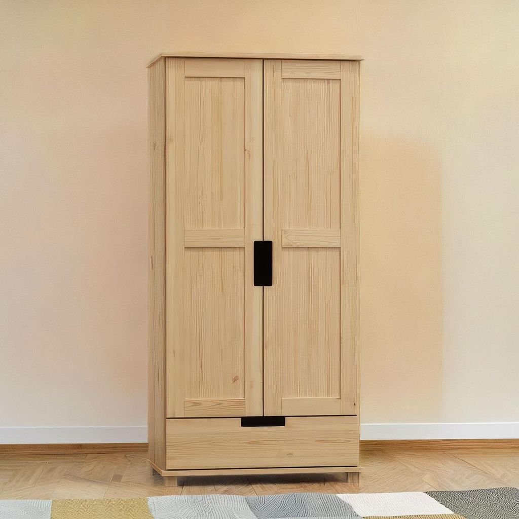 Kleiderschrank | 2 Drehtüren | 1 Schublade | 4 Fächer | mit Kleiderstange | 100 cm breit | Massivholz | Farbe: Natur