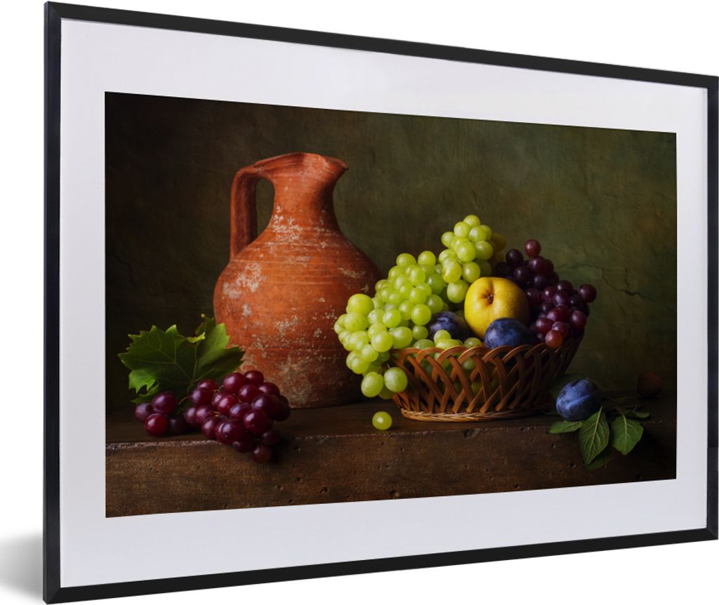MuchoWow Gerahmtes Poster Rustikal - Obst - Korb - Stilleben 60x40 cm - Poster mit Schwarzem Bilderrahmen Wandposter Rahmen Foto Bilder - Schlafz...