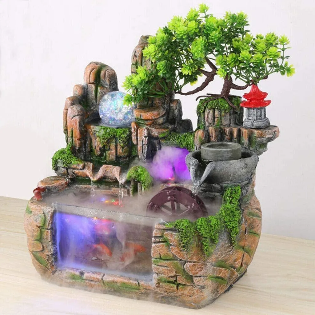 Fontaine de Bureau en Résine avec Cascade de Rocaille et Lumière LED
