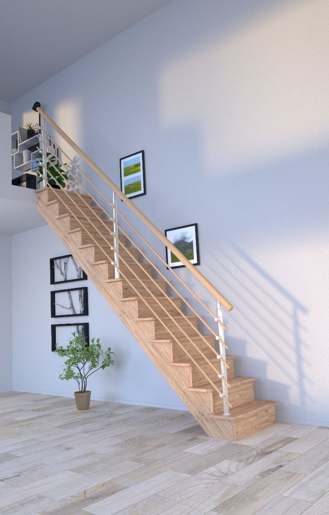 Holztreppe Lindos (Eiche) in gerader Ausführung-100 cm-Design Geländer Holzrundstäbe-mit Setzstufen
