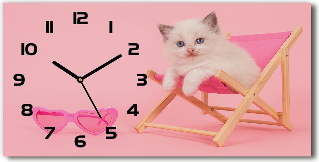 Wanduhr aus Glas – 60x30 cm - Glasbild - Glasuhr - Gehärtetes Glas - schwarze-zeiger - Katze auf einem Liegestuhl