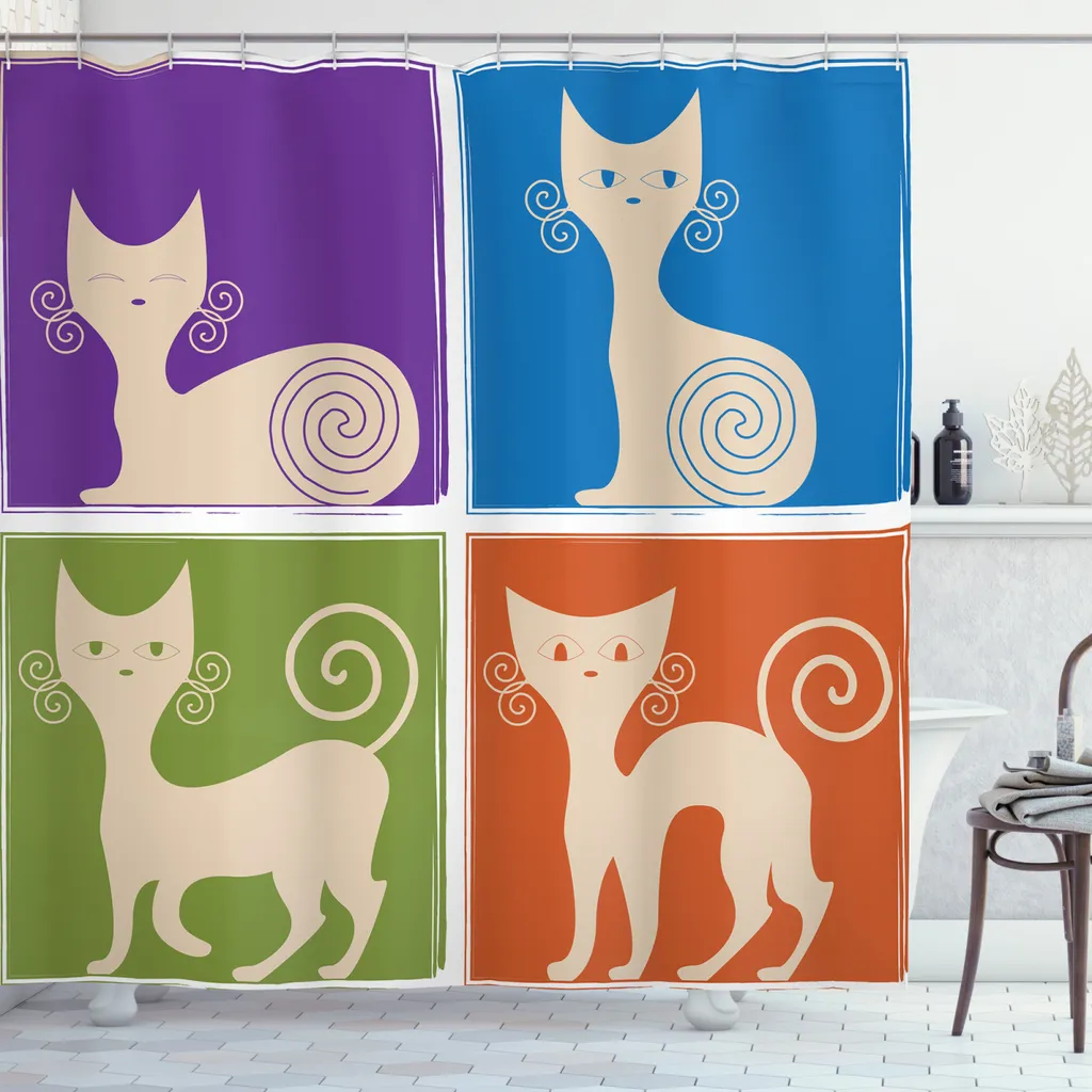 ABAKUHAUS Tenda da doccia divertente, gatti cartoon emozionanti, resistente a batteri e muffe, incl. 12 ganci Lavabile Elegante stampa digitale, 175 x 180 cm, viola blu verde arancione