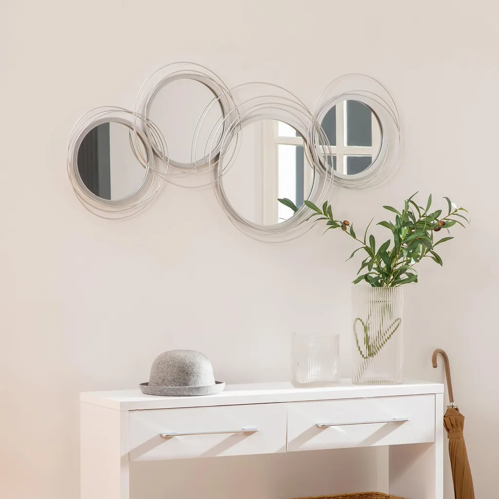 Fortuna Lai Set di 3 specchi per decorazione murale, decorazione murale con 4 specchi rotondi, decorazione per soggiorno, specchio da parete, specchio da corridoio, opera d'arte da parete per soggiorno, camera da letto, metallo, argento - 2