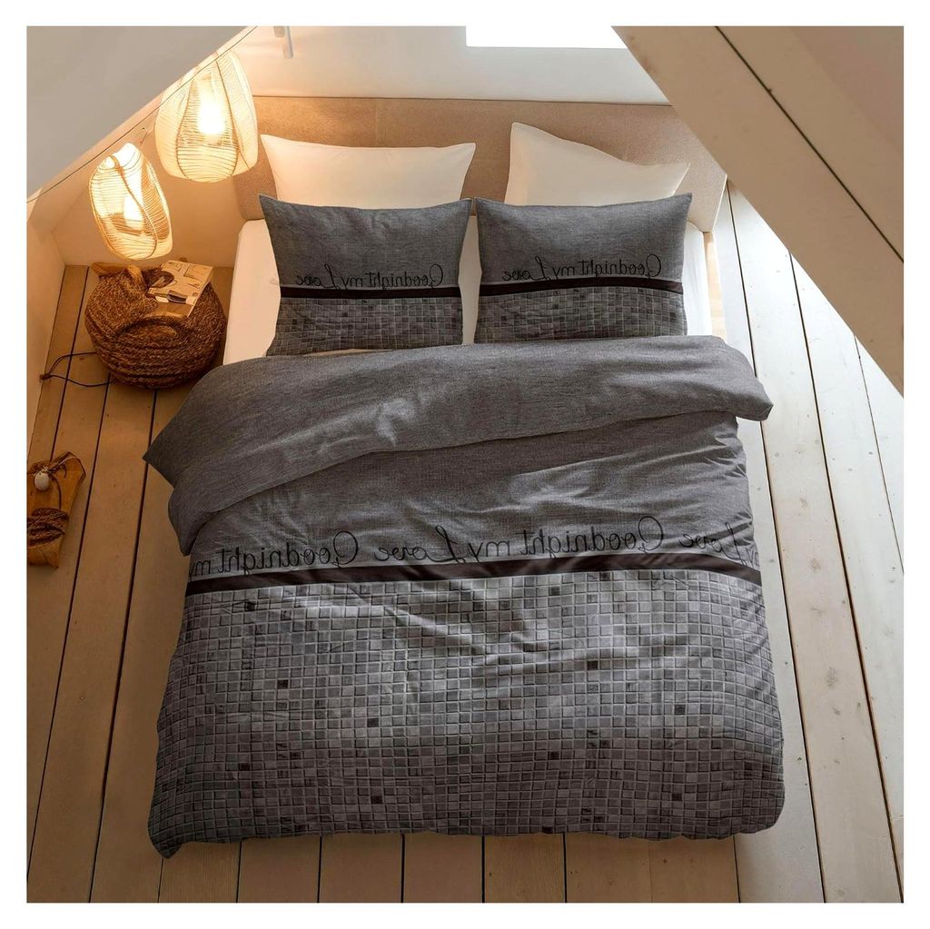 Bettwäsche 3-teilig 200 cm x 200 cm - Gute Nacht Mein Liebling - weiche und bügelfreie Bettbezüge mit Reißverschluss - graues Bettwäsche-Set a...