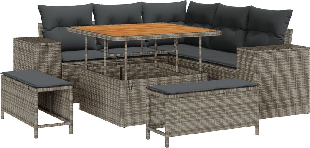 Möbel 8-teiliges Garten Sofa Set mit Kissen Grau Poly Rattan Akazie, 3-teiliges Garten Esszimmer Set mit Kissen Grau Poly Rattan Akazie - Gartenso...