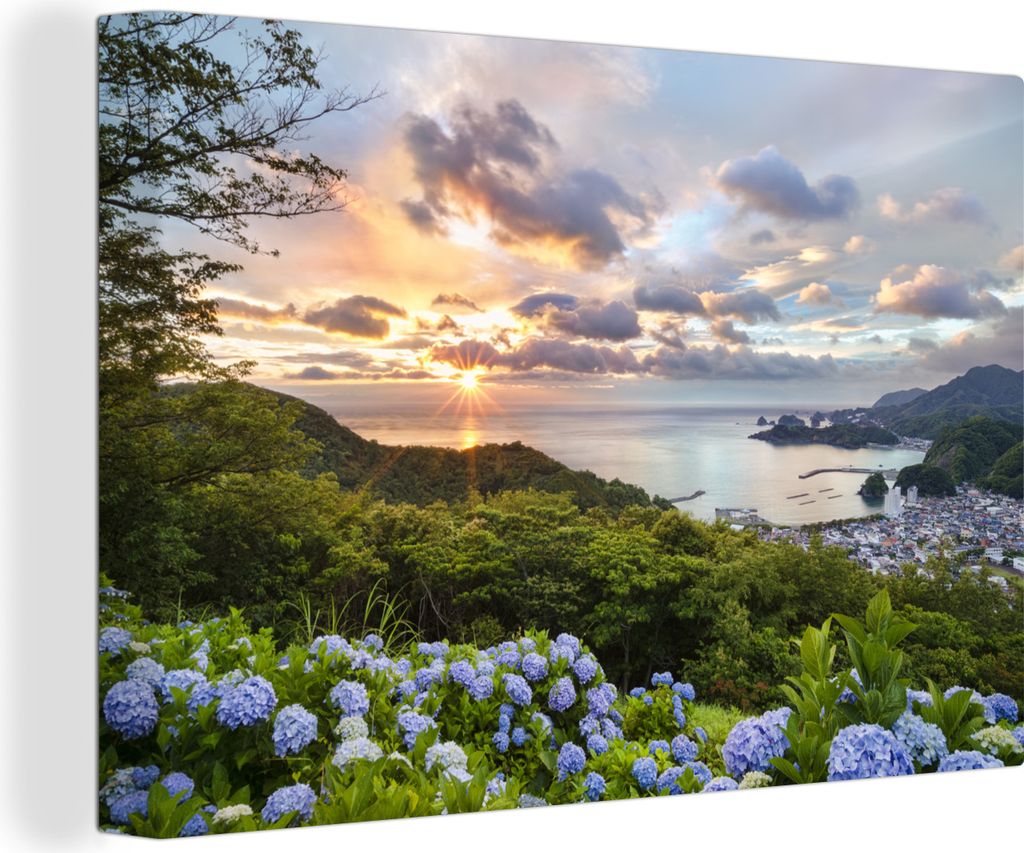 OneMillionCanvasses - Leinwandbilder - 140x90 cm, Sonnenuntergang mit Hortensien, Wandbilder Kunstdruck Wanddekoration
