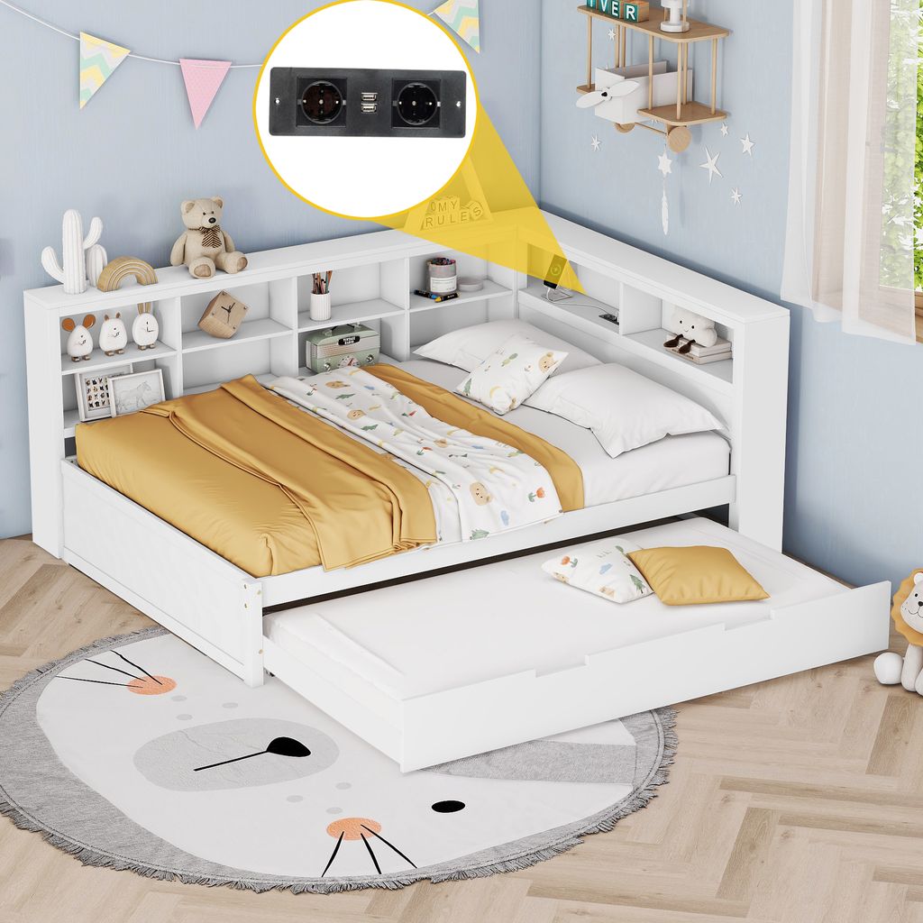 Flieks Schlafsofa Sofabett Holzbett 140x200cm mit Ausziehbett, Doppelbett Jugendbett mit USB und Regal, Kinderbett Tagesbett Daybed Funktionsbett W...