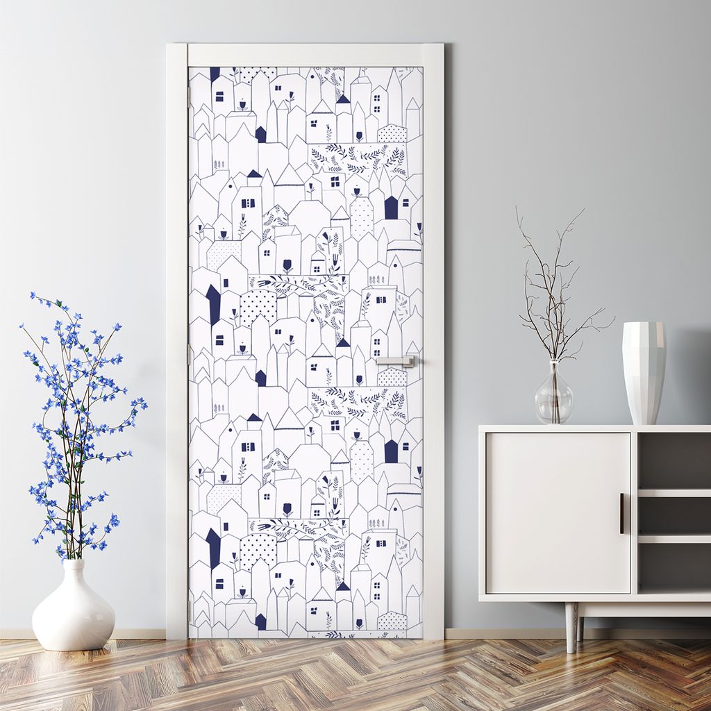 Dekorative Türtapete selbstklebend Klebefolie Türposter Türaufkleber Blaue Stadt weiß 77 x 200 cm