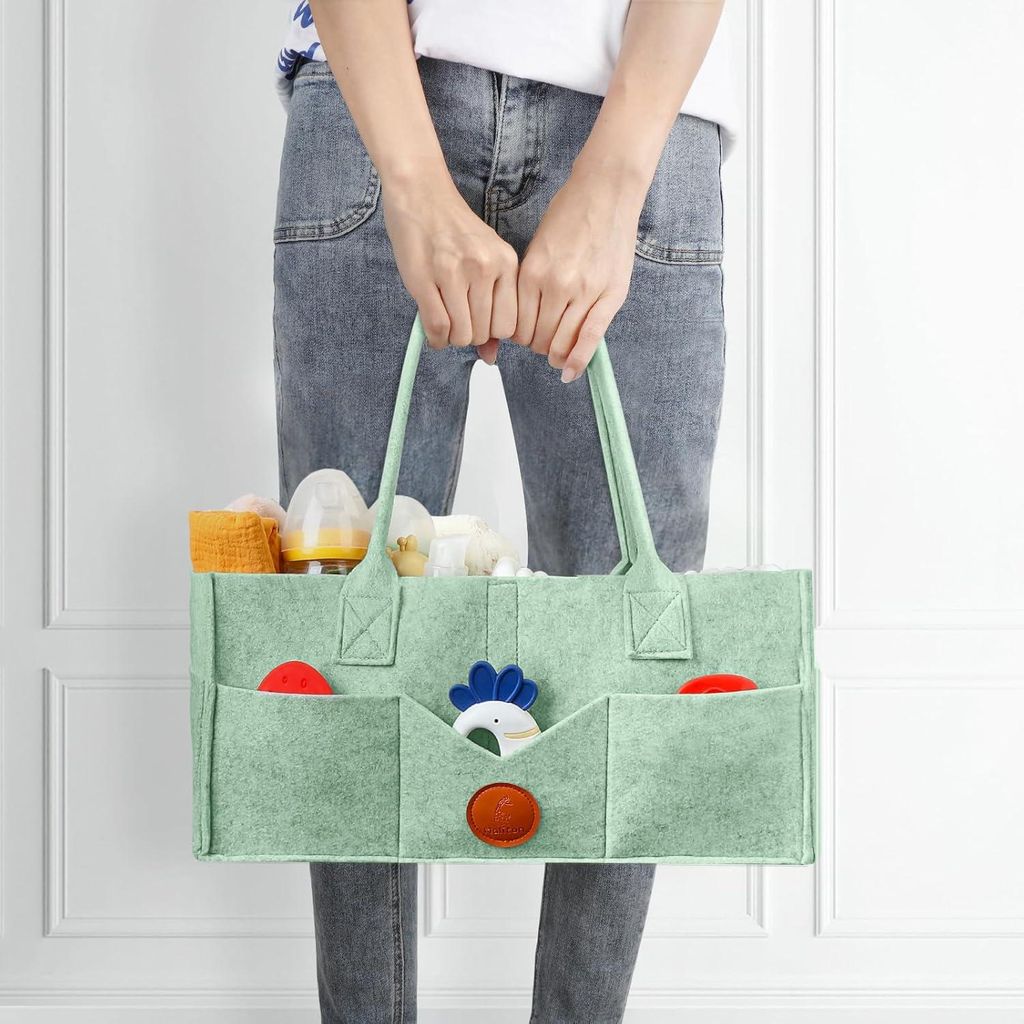 Robuste tragbare Filztasche Aufbewahrungskorb mit herausnehmbaren Fächern - Newborn Essentials Wickeltasche als Babyshower Geschenk - kaki Wickelkorb