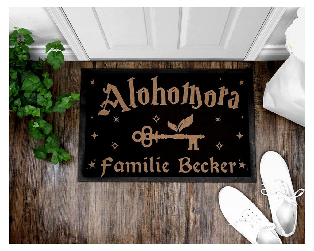 Lustige Fußmatte mit Spruch - Alohomora - Für Fantasy-Fans - Personalisierbar mit Wunschname - Rutschfest & Waschbar - 60x40cm