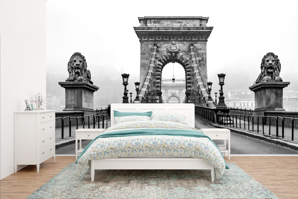 MuchoWow Fototapete für Wohnzimmer oder Schlafzimmer Wandtapete Vinyl Motivtapete Kettenbrücke in Budapest, Ungarn - schwarz und weiß - 400x24...