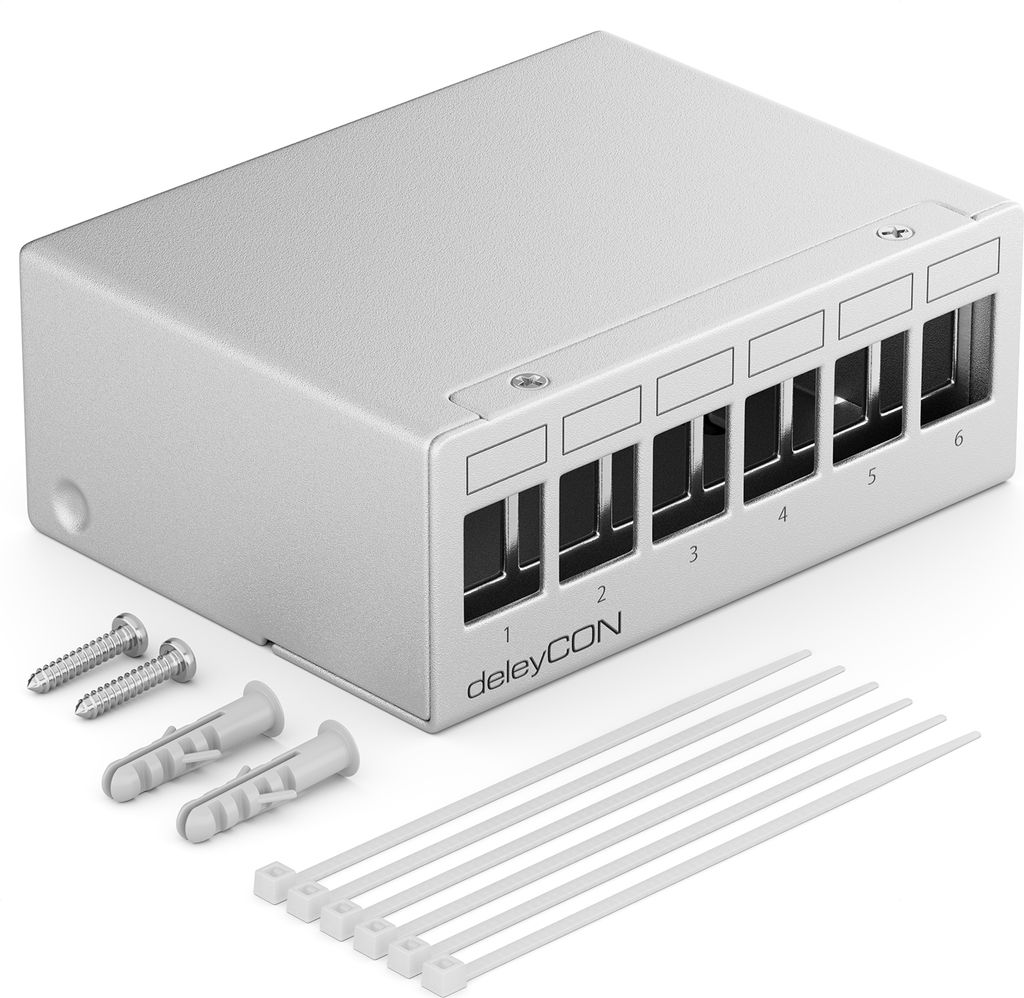 deleyCON 6 Port Patchpanel Gehäuse 1HE für 14,9mm x 17mm Keystone Module mit z.B. RJ45 Koaxialstecker BNC F-Stecker Antennenstecker RJ-11 Cinch K...