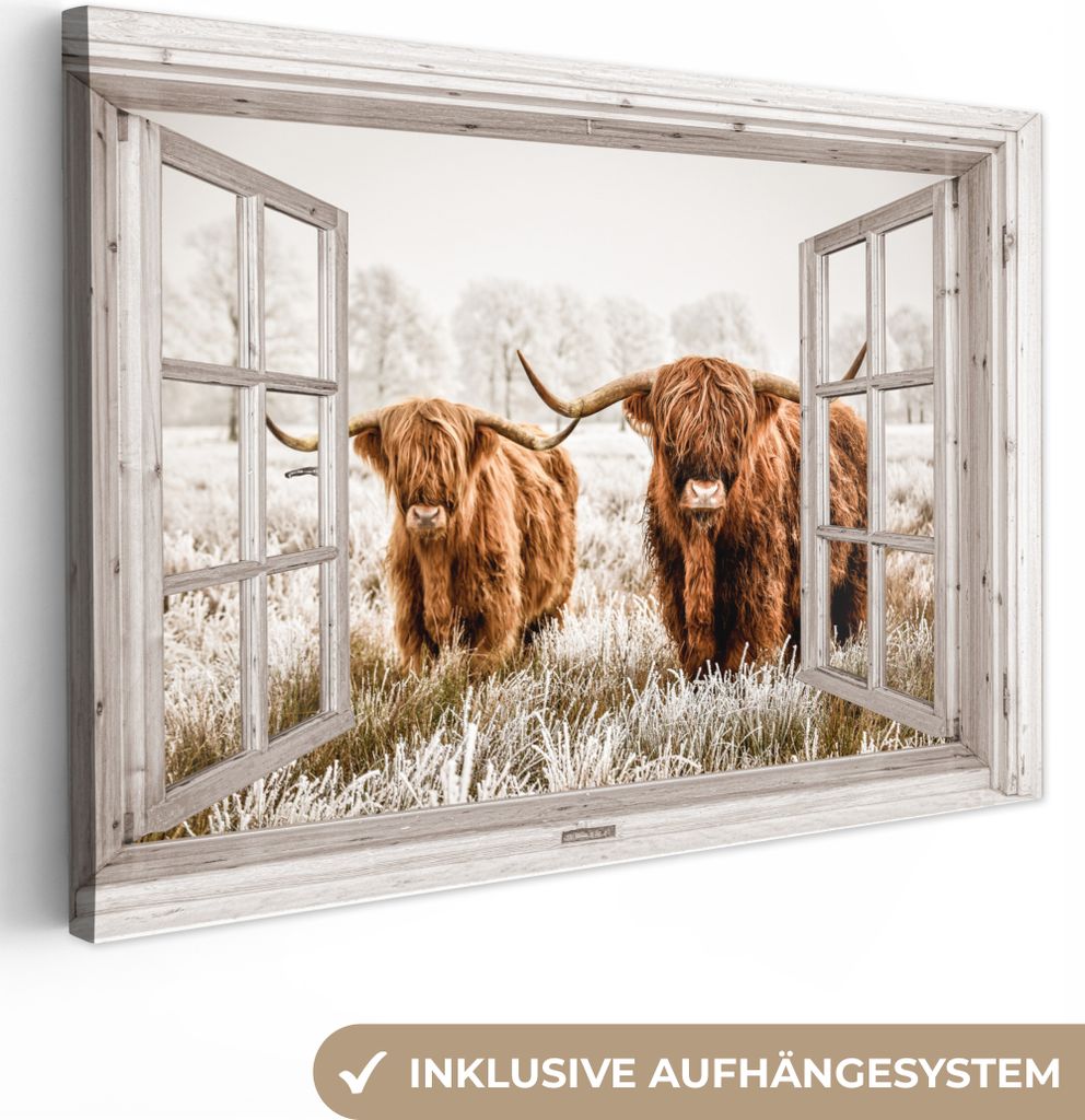 MuchoWow - Leinwandbilder - Durchblick - Schottische Highlander - Tiere, Wandbild, Wanddeko Bilder Wohnzimmer, 120x80 cm