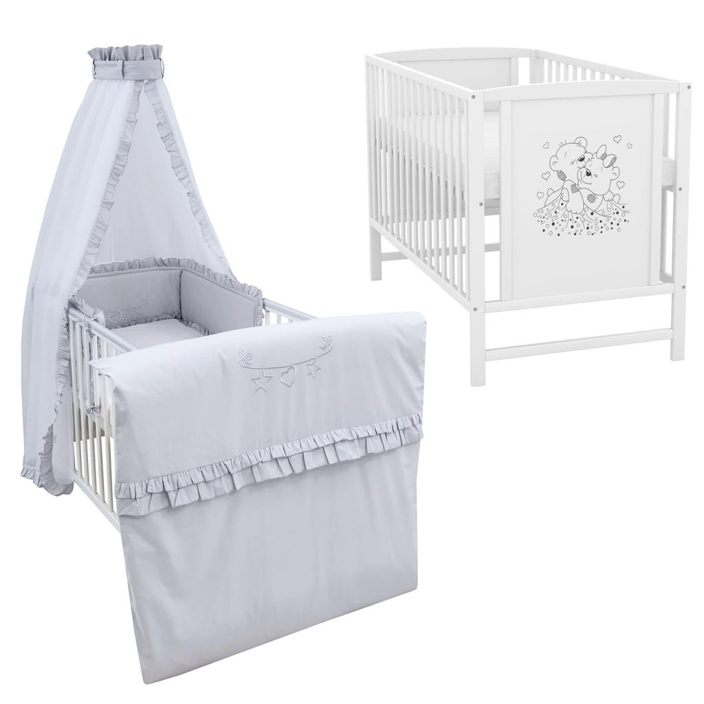 Baby-Delux Babybett Gitterbett Mia weiß 60x120 inkl. Matratze Bettwäsche Set 10tlg Royal Rüsche Grau