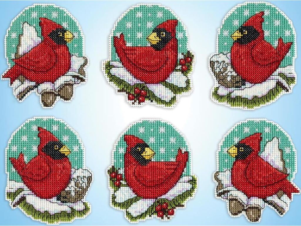 Design Works Kreuzstich Stickpackung "Weihnachtsbaumschmuck Kardinäle (6 Stück)", Zählmuster, 9x9cm