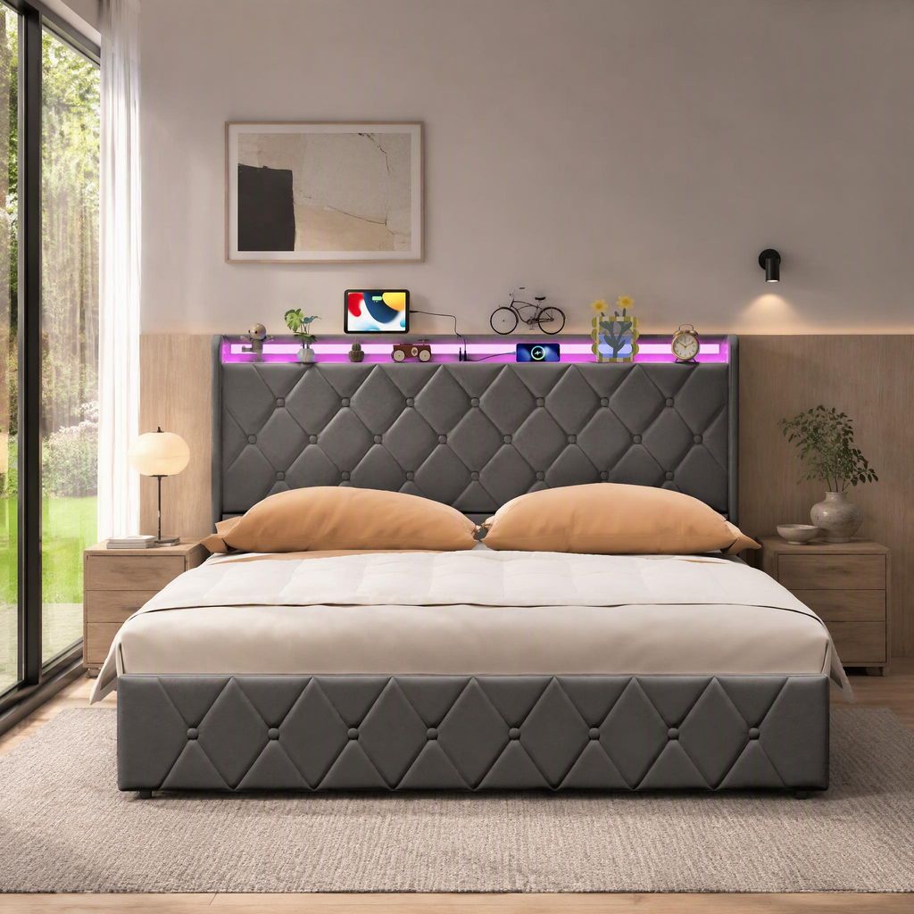 Cama tapizada INONEFT de 160x200 cm con cajón, cama juvenil Imagen del producto 