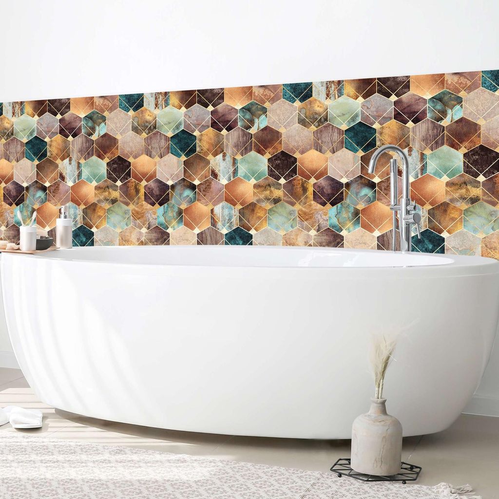 Wandverkleidung Bad Muster selbstklebend - 0.35 mm Wandpaneel matt wasserfest Geometrisch gold Aquarell Abstrakt Badrückwand fugenlos 400x100 cm