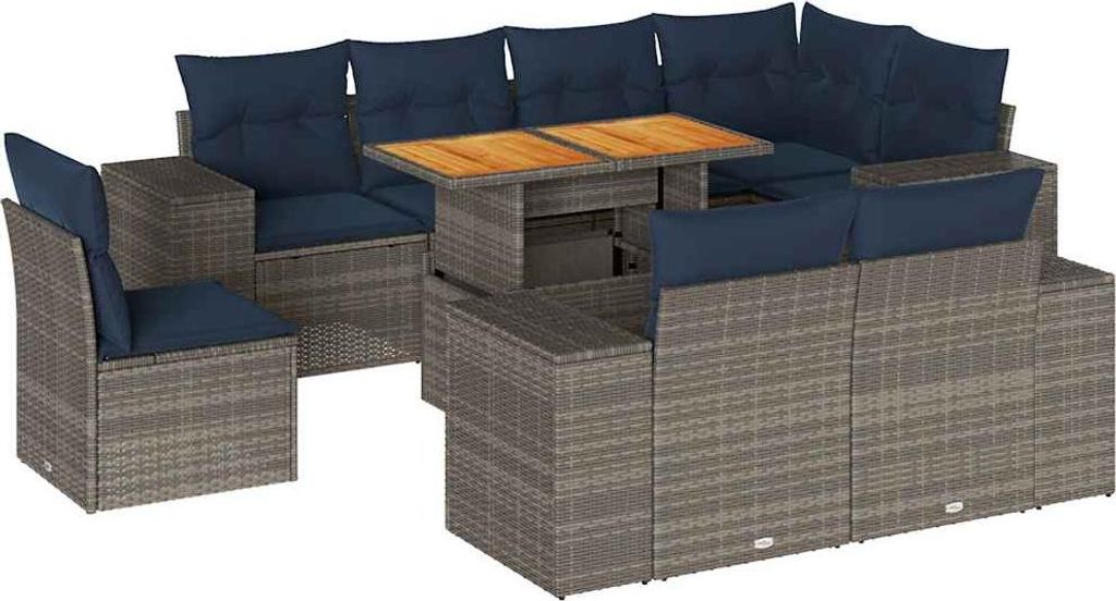 vidaXL 9-tlg. Garten-Sofagarnitur mit Kissen Grau Poly Rattan
