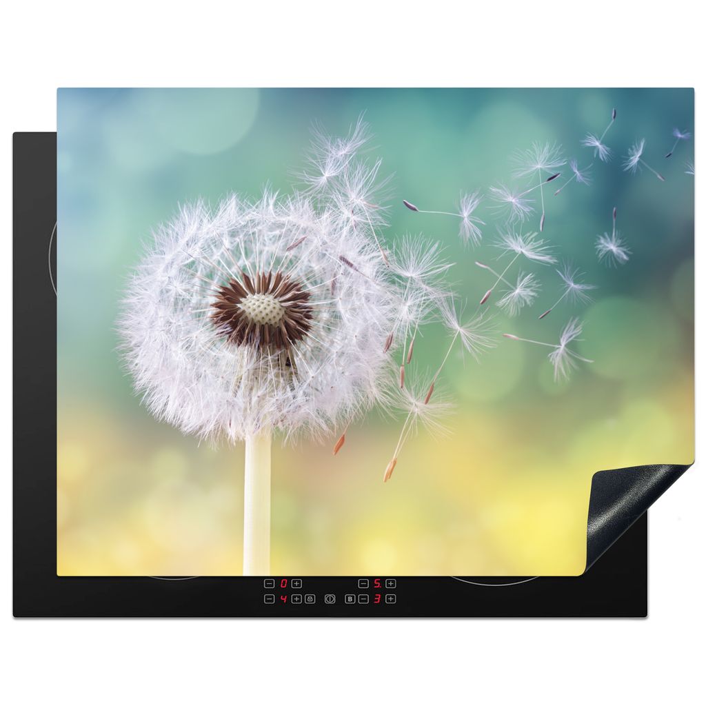 KitchenYeah Herdabdeckplatte Löwenzahn - Blau - Gelb - Natur , 77x59cm, Küche Deko, Glaskeramikfeld Herdabdeckung, Abdeckplatte fùr Kochfeld