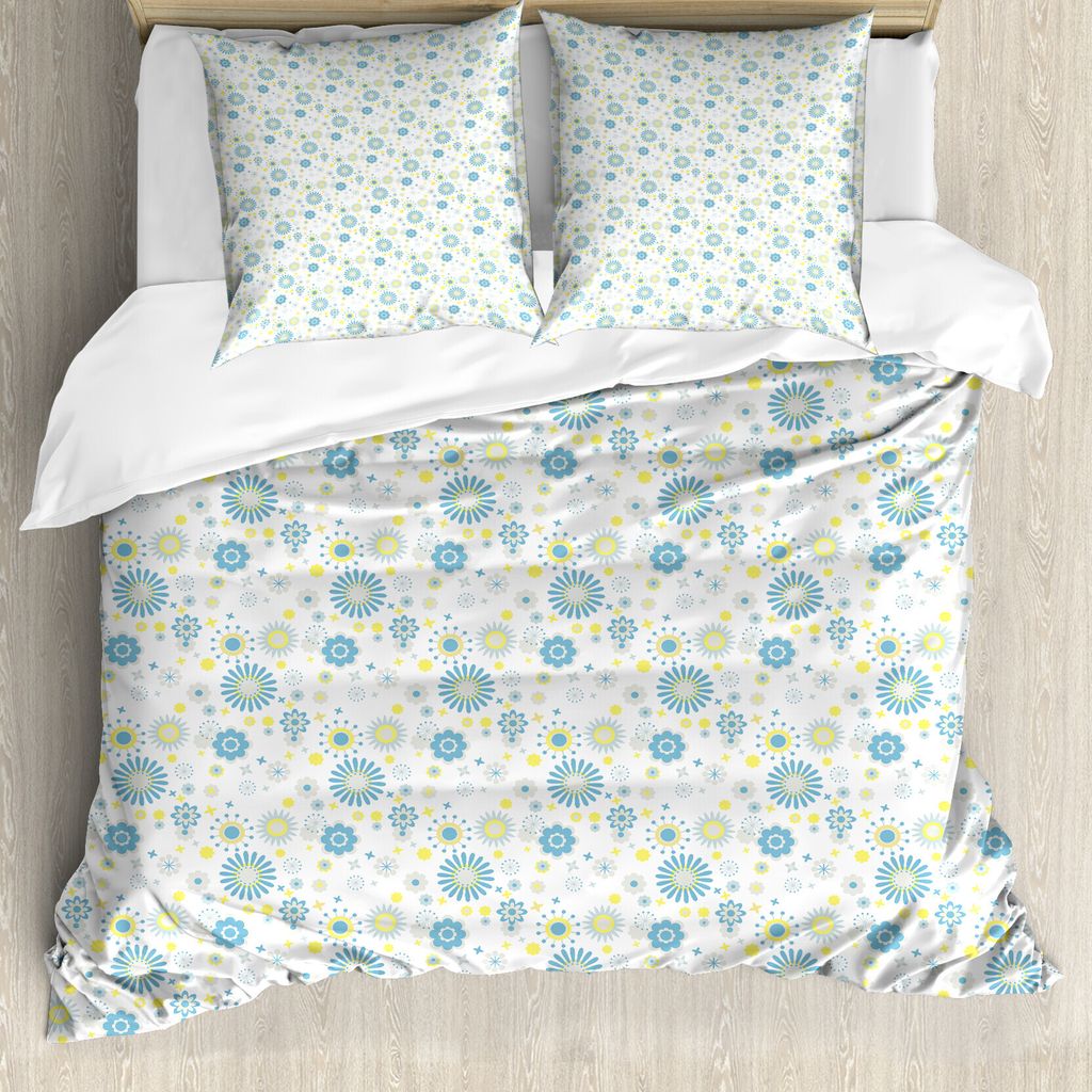 ABAKUHAUS Gelb und Blau Bettbezug, floral Scrapbook, Milbensicher Allergiker geeignet mit Kissenbezügen, 200 cm x 200 cm - 80 x 80 cm, Blau, Gelb,...