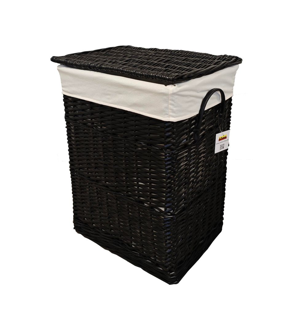 A black wicker laundry basket with a white fabric liner and lid, shown against a white background.