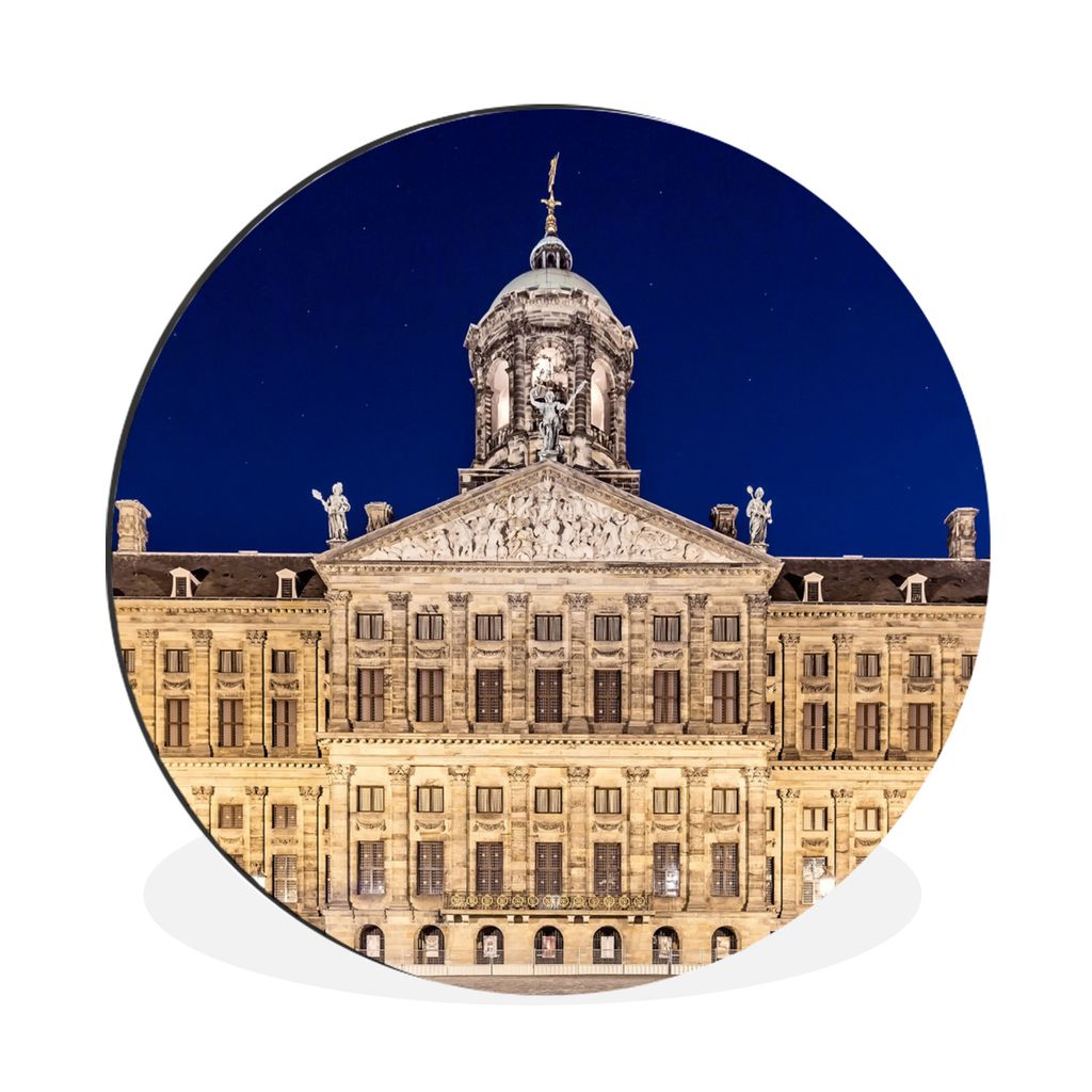 MuchoWow Aluminium Wandkreis Der Palast am Dam-Platz am Abend - Amsterdam Ø 90 cm Wanddeko Modern Wohnzimmer - Mauerkreis - Wandbilder - Runde B...