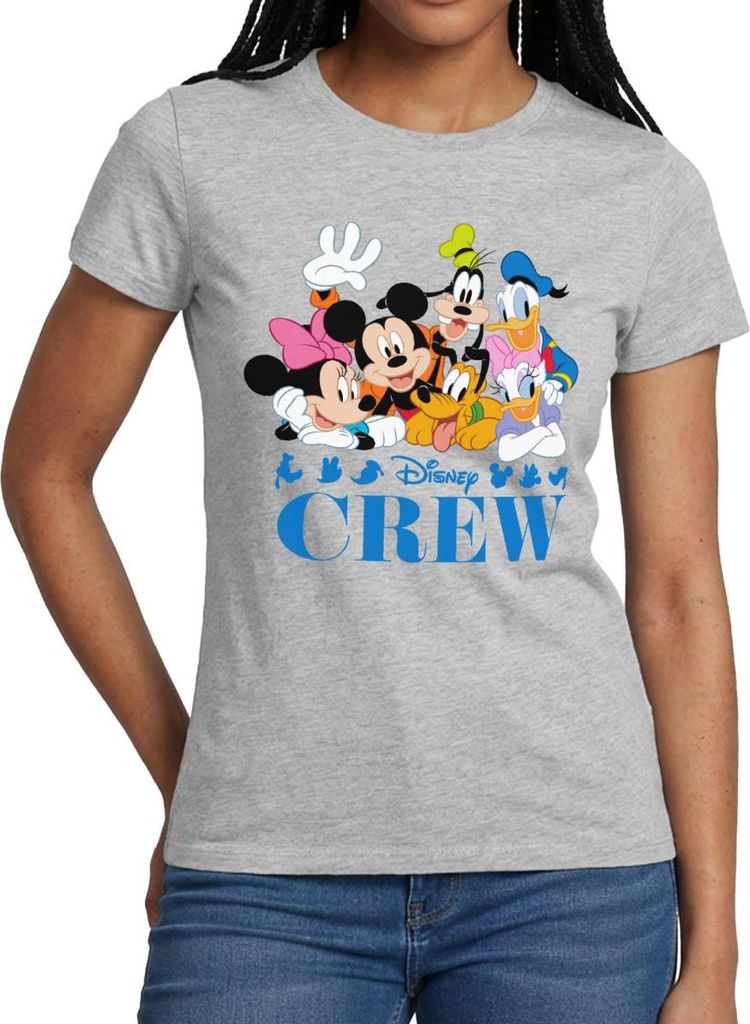 Mickey & Minnie Pluto Goofy Daisy Donald Crew Frauen T-Shirt, XL, Grau meliert