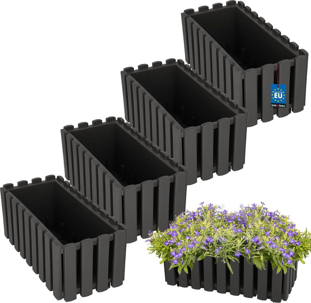 KOTARBAU 4er Set Blumenkasten Blumentopf 38x18x16 cm Grau Kunststoff Pflanzkasten Balkonkasten Pflanzkübel Rechteckig Übertopf Groß Blumenkast...