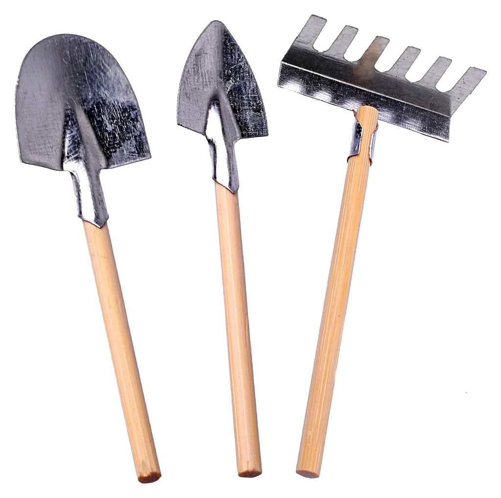 3-teiliges Set Miniatur-Gartengeräte - Rechen, Schaufel, Spaten - Maßstab 1:12 - Holz - Metall/Gusseisen - Gartenset für Miniaturgarten