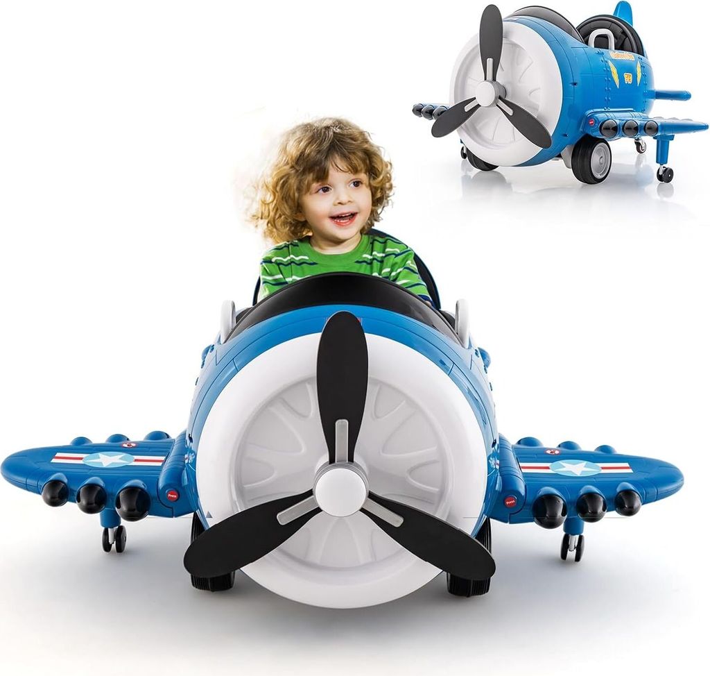 DREAMADE Kinder Elektroflugzeug mit faltbarem Flügel & drehbarem Propeller, Elektroauto mit Drift, Elektroflugzeug mit USB & Drahtlosfunktion (Blau)