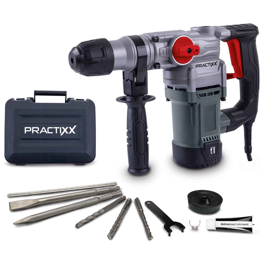 A rotary hammer drill and its accessories are displayed on a white background.