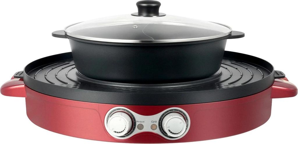 Elektrischer Hotpot mit Grill - Rundes Tischgrill-Set - 2200 W 220 V - Ø52 x 18,5 cm - Antihaftbeschichtung - Rot