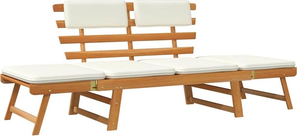 A wooden garden bench with white cushions, shown from the front against a white background.