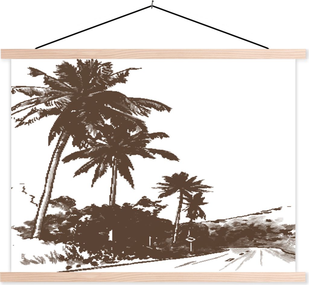 MuchoWow Textilposter Strand - Palme - Schwarz - Weiß 60x45 cm mit holzfarbenen Rahmen - Bild