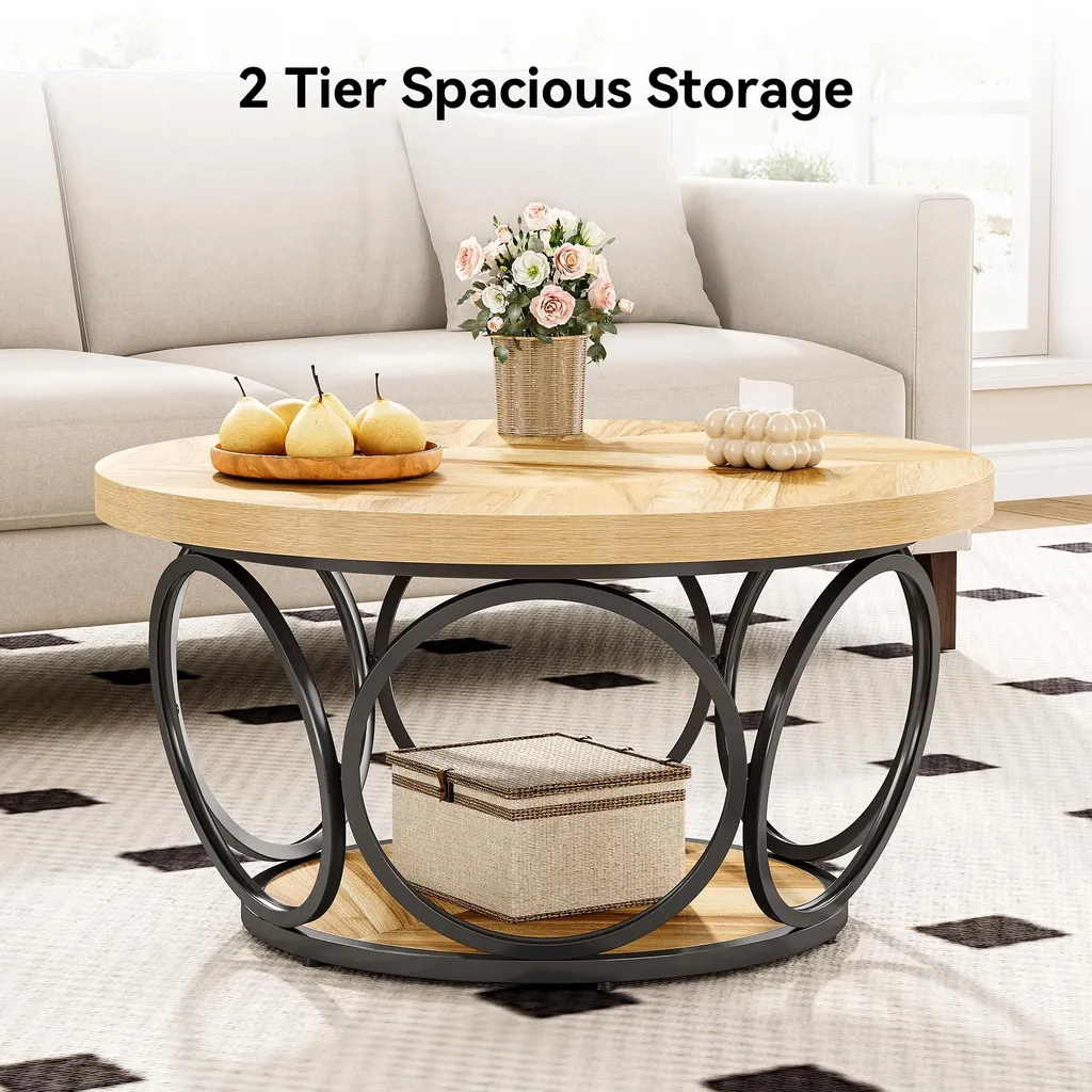 Table Basse Ronde 80 cm de Style Rustique Marron avec Double Tablette
