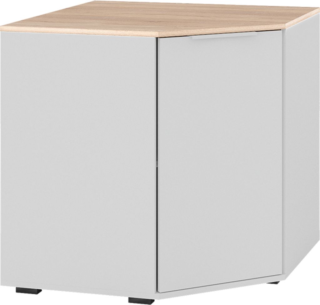 A corner cabinet with two doors and a wooden top.