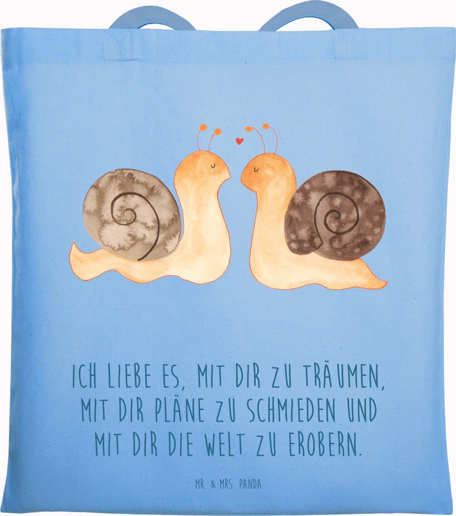 Mr. & Mrs. Panda stofftasche baumwolle Schnecken Liebe - Sky Blue - Geschenk, Tote Bag, Pärchen, Jahrestag, Paar, Einkaufstasche, Ehe, Träume, Sh...