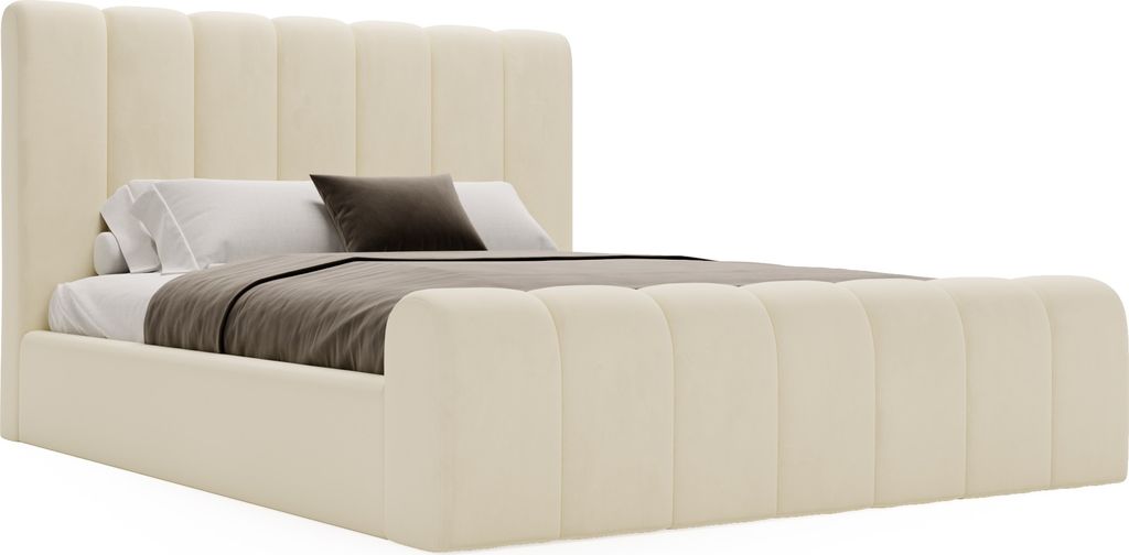 Polsterbett 160x200 Valetta - Doppelbett mit Samtstoff - Bettkasten, Lattenrost & Kopfteil - Beige