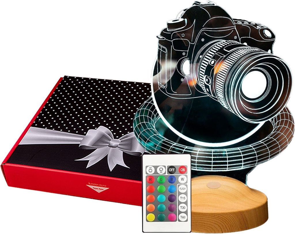 A gift box and a 3D LED lamp shaped like a camera are displayed together on a white background.