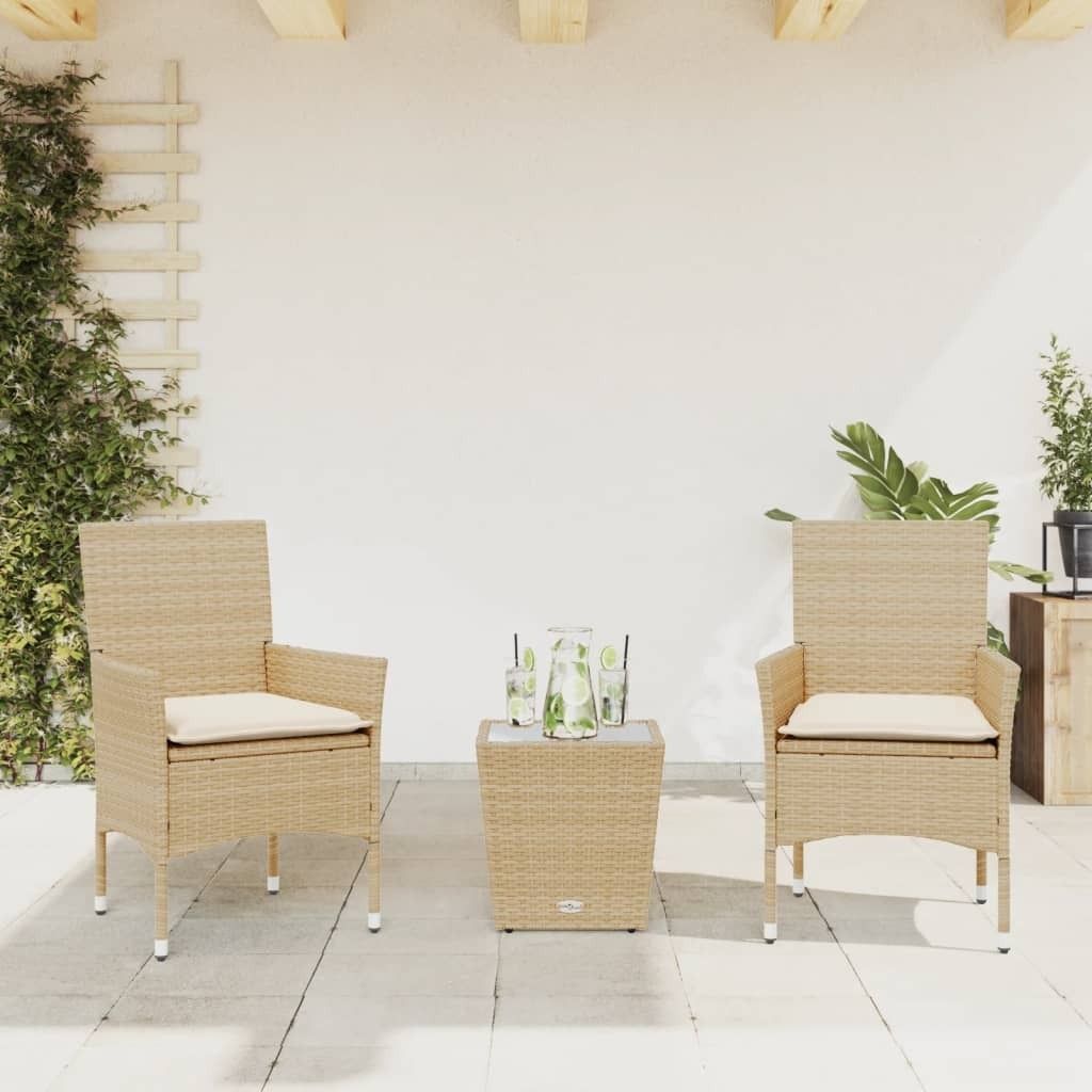 "Rabatt" 3-tlg. Bistro-Set - mit tishe & Stuhl - mit Kissen Beige Poly Rattan und Glas - Lounge-Dining set CC10920