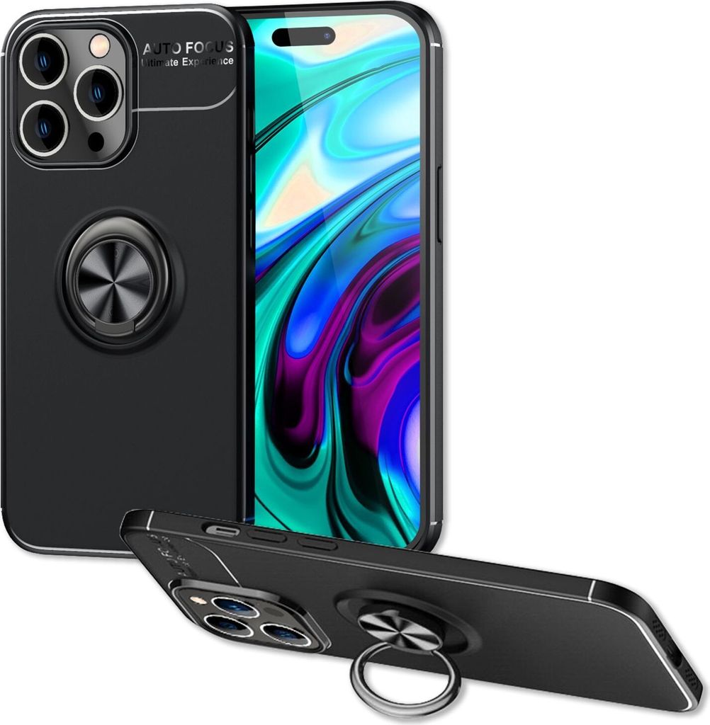 Hülle für iPhone 14 Pro Max - Matt Schwarze Ring Handyhülle Aufsteller Ständer Schwarz