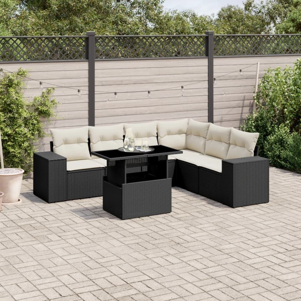 "Rabatt" 7-tlg. Garten-Sofagarnitur - mit sofa - mit Kissen Schwarz Poly Rattan - Lounge-Dining set CC10518