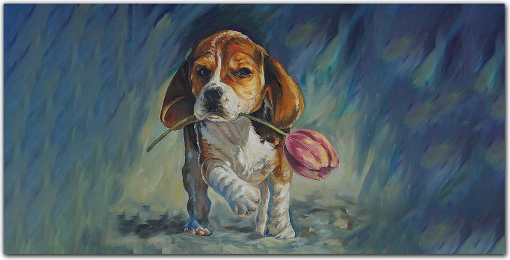 Coloray Bild aus Leinwand 140x70 Leinwand Dekoration - Blumen-Haustierhund