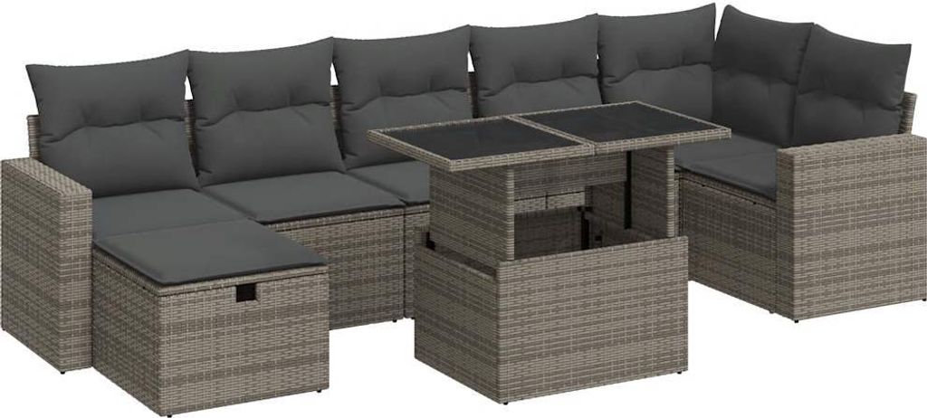8-tlg. Garten-Sofagarnitur mit Kissen Grau Poly Rattan
