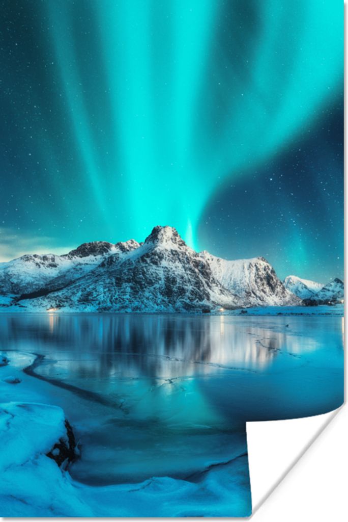 MuchoWow Poster Nordlicht - Eis - Schnee - Norwegen - Blau - Berge 80x120 cm - Papierdruck