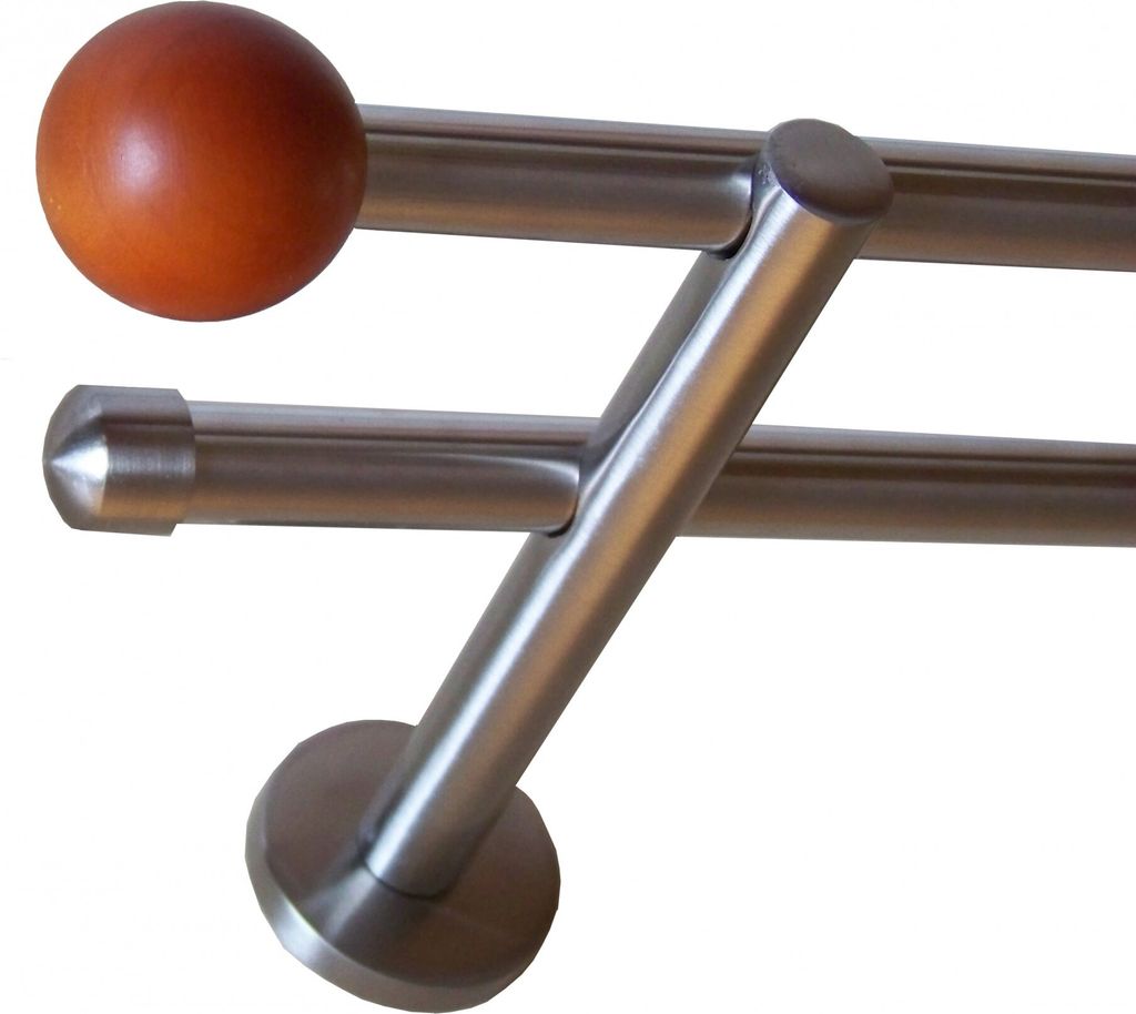 Gardinenstange Set Edelstahl Look Metall Ø 16mm zur Wandbefestigung 2-lauf Modern Holz Kugel, Länge wählbar H22 E50 E17