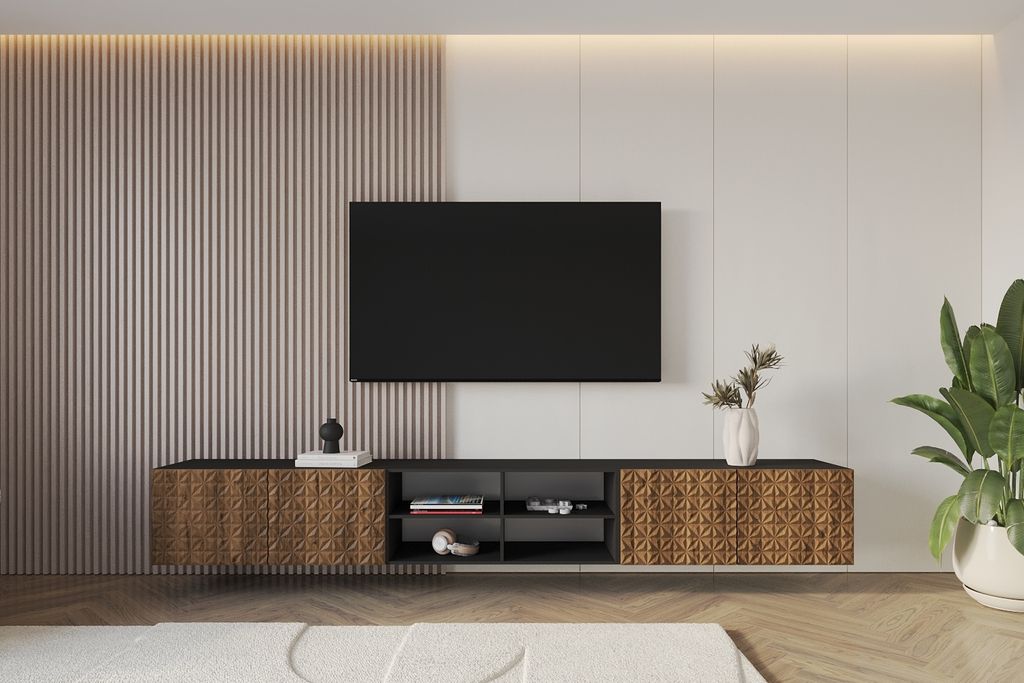 ALTDECOR TV-Schrank VIRA-W mit Gefrästen Fronten 3x100x40x40 Lowboard hängend, TV Möbel, TV Cabinet, Fernsehtisch, Fernsehschrank, TV Kommode, T...