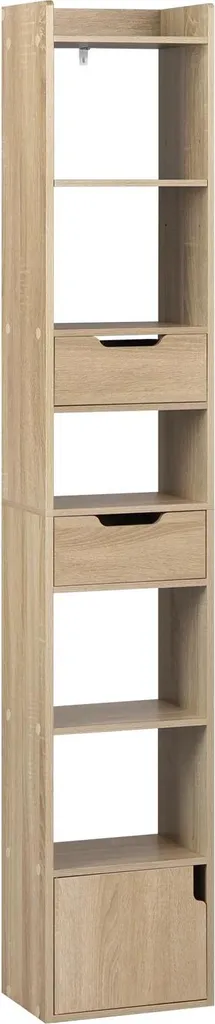 Bibliothèque Haute 6 Compartiments et 2 Tiroirs 33x181x24cm Chêne Clair